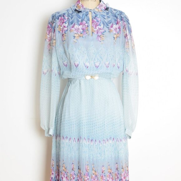 vintage 80s dress blue floral border print secretary belted pleated midi L - Picture 2 of 13